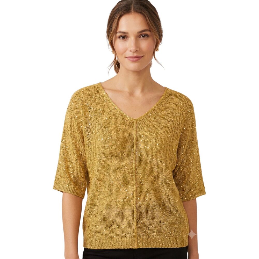 WD.NY Gold Sequin V-Neck Sweater Large